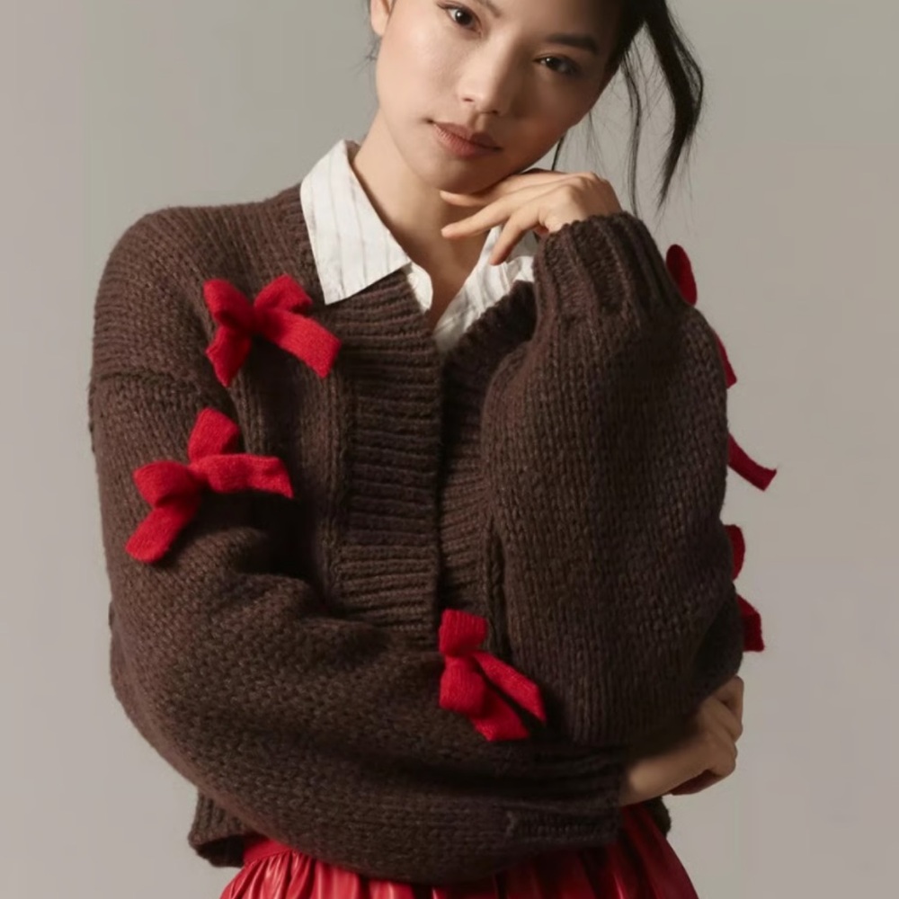 Anthropologie Makeover Essentials Brown Sweater with Red bow Accents